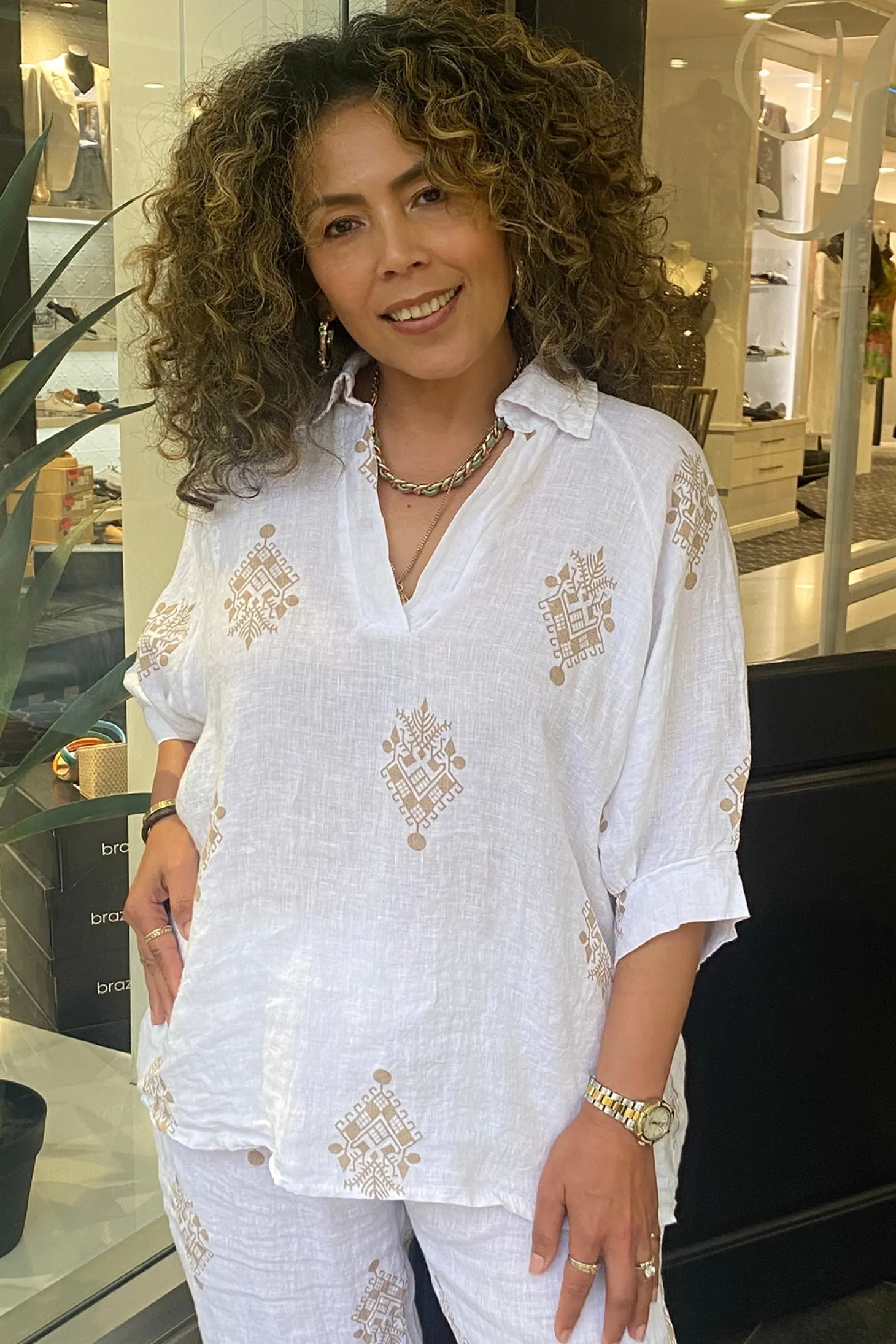 Aztec Print Top - White - CG44