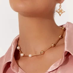Ball Pearl Half/Half Short Necklace - Cream/Gold - AD10