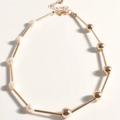 Ball Pearl Half/Half Short Necklace - Cream/Gold - AD10