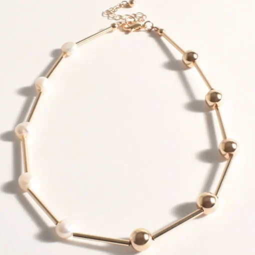 Ball Pearl Half/Half Short Necklace - Cream/Gold - AD10