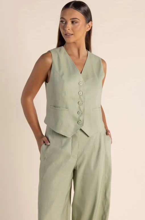 Carol Linen Mix Vest - Avocado - TT46