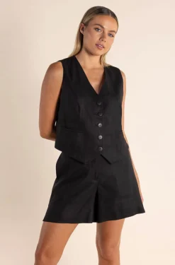 Carol Linen Mix Vest - Black - TT46