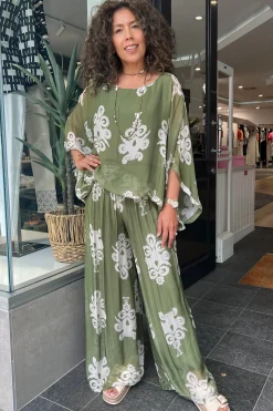 Clover Print Pants - Khaki/Cream - CG38