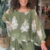 Clover Print Top - Khaki/Cream - CG36