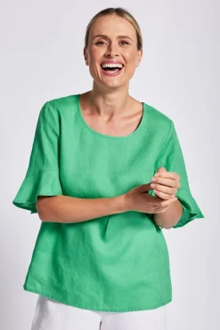 Flutter Sleeve Linen Top - Emerald - SS11