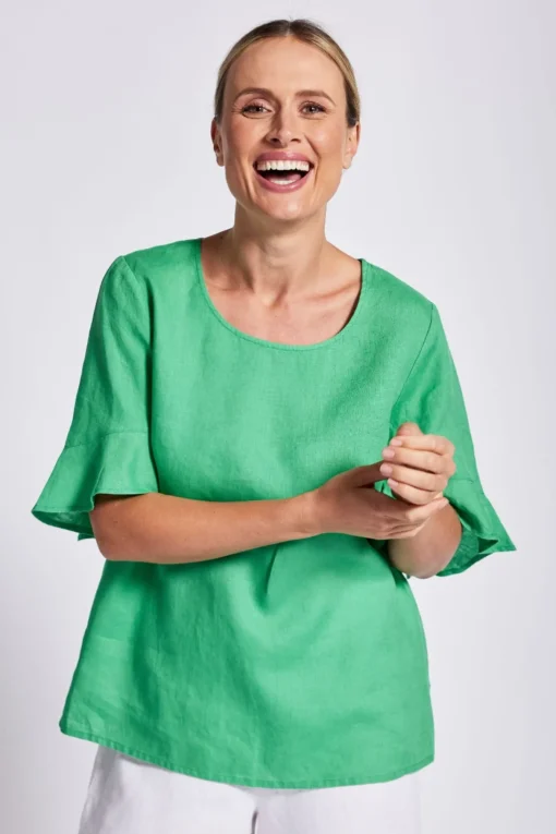 Flutter Sleeve Linen Top - Emerald - SS11