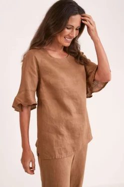Flutter Sleeve Linen Top - Toffee - SS11