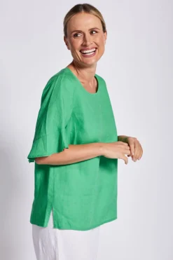 Flutter Sleeve Linen Top - Emerald - SS11