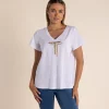 Gold Logo Sequin V-Neck Tee - White - TT52