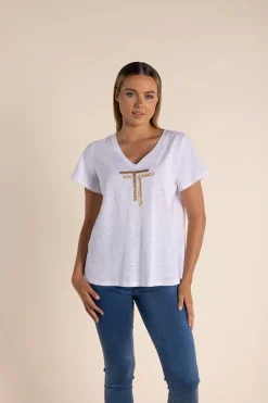 Gold Logo Sequin V-Neck Tee - White - TT52