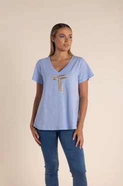 Gold Logo Sequin V-Neck Tee - Sky - TT52