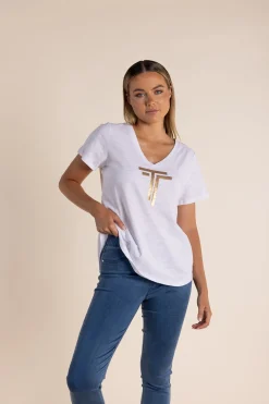 Gold Logo Sequin V-Neck Tee - White - TT52