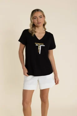 Gold/Silver Logo Sequin V-Neck Tee - Black - TT60
