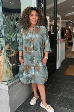 Lily Leaf Print Shirt Dress - Khaki - CG39