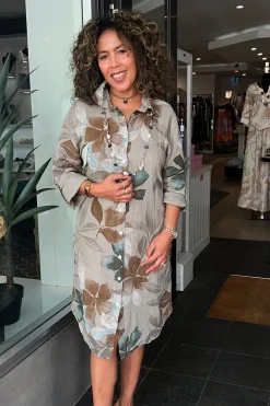 Lily Leaf Print Shirt Dress - Natural - CG39