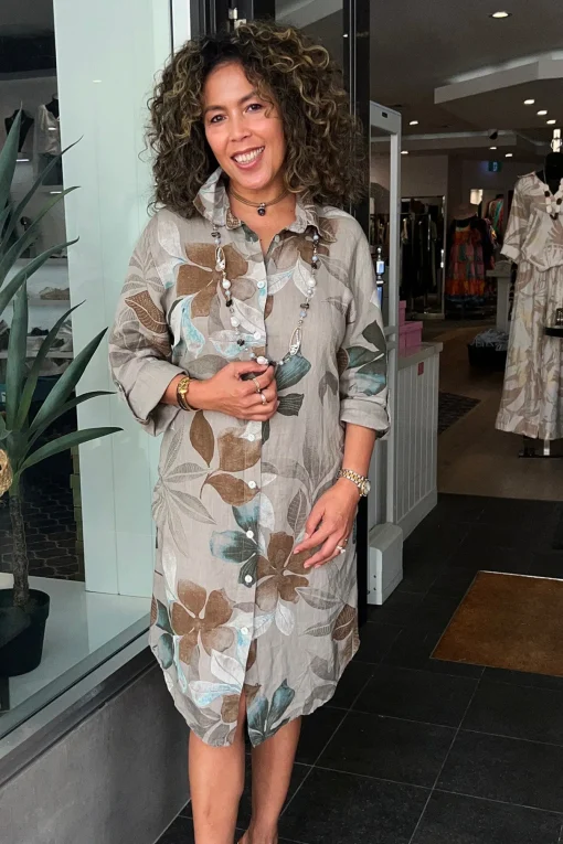 Lily Leaf Print Shirt Dress - Natural - CG39