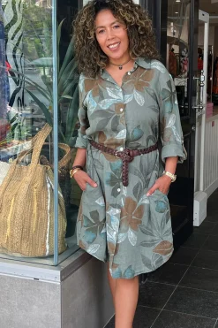Lily Leaf Print Shirt Dress - Khaki - CG39