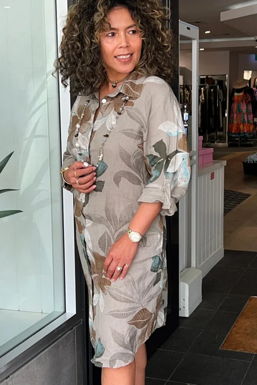 Lily Leaf Print Shirt Dress - Natural - CG39