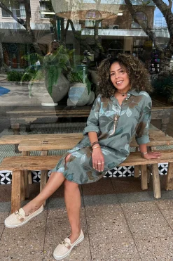 Lily Leaf Print Shirt Dress - Khaki - CG39