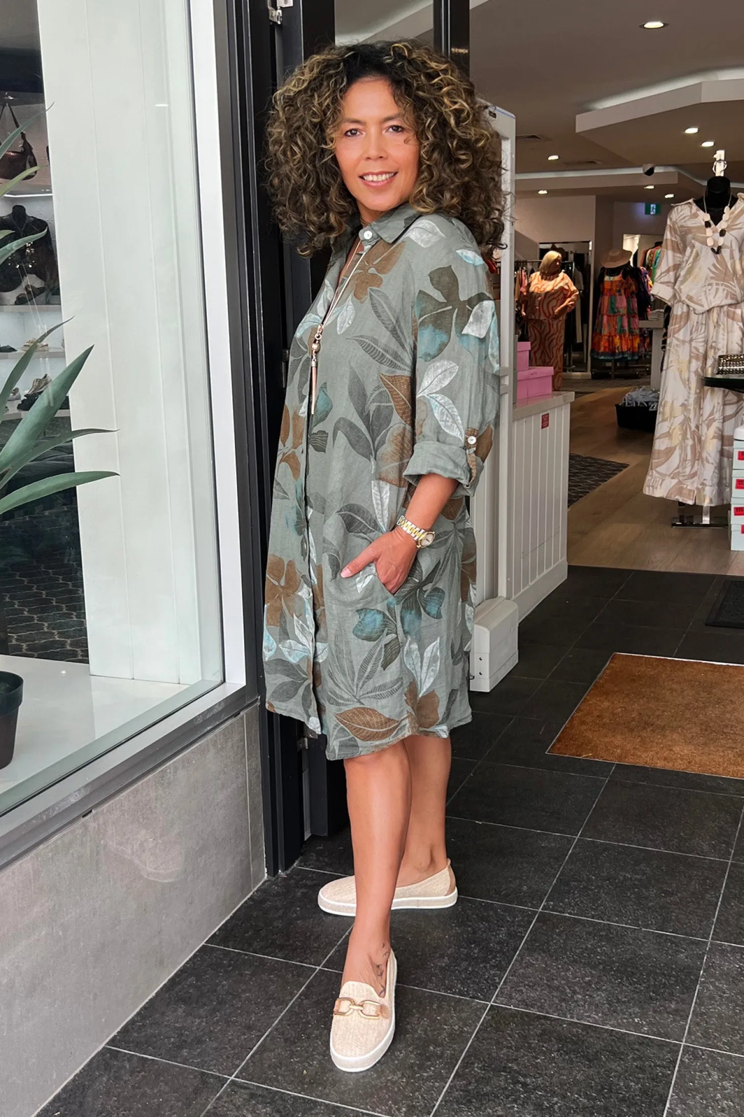 Lily Leaf Print Shirt Dress - Khaki - CG39