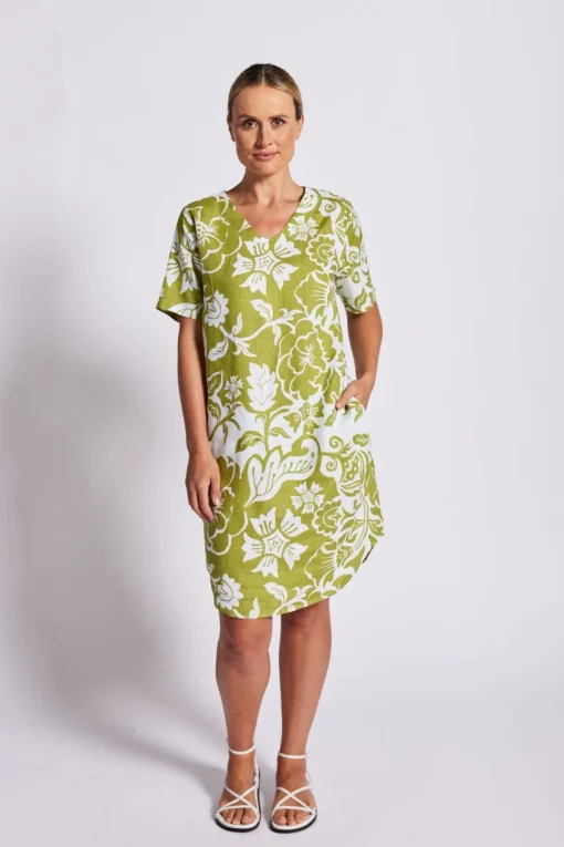Linen Soft V Neck Dress - Vine - SS25