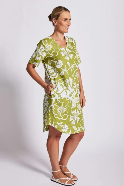Linen Soft V Neck Dress - Vine - SS25