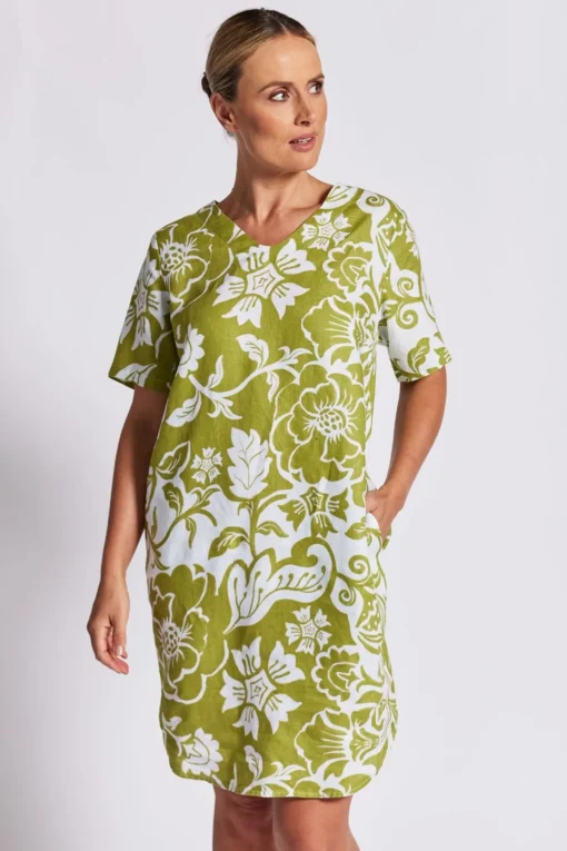 Linen Soft V Neck Dress - Vine - SS25