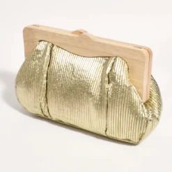 Mira Metallic Pleated Timber Frame Clutch - Gold - AD15