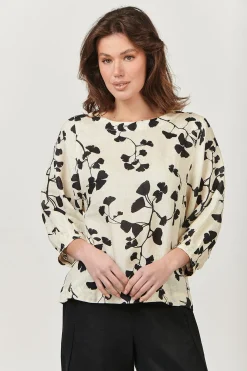 Round Neck Linen Top - Gingko Print - OJ13