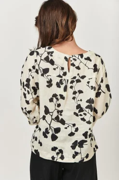 Round Neck Linen Top - Gingko Print - OJ13