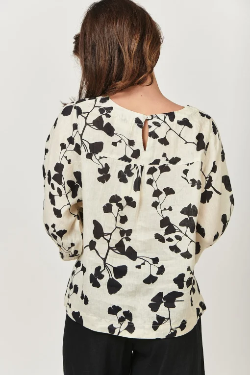 Round Neck Linen Top - Gingko Print - OJ13