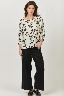 Round Neck Linen Top - Gingko Print - OJ13