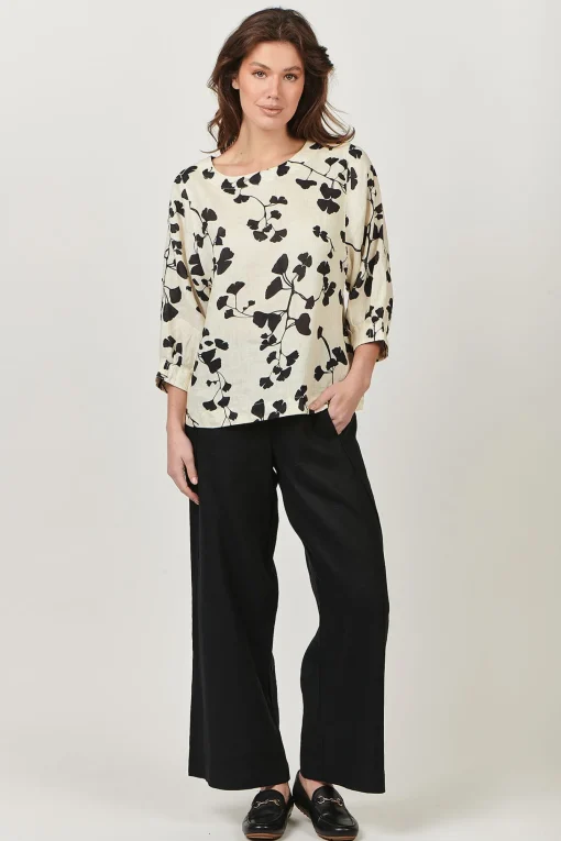 Round Neck Linen Top - Gingko Print - OJ13