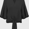 Satin V-Neck Top with Front Tie - Black - JR4