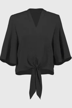 Satin V-Neck Top with Front Tie - Black - JR4