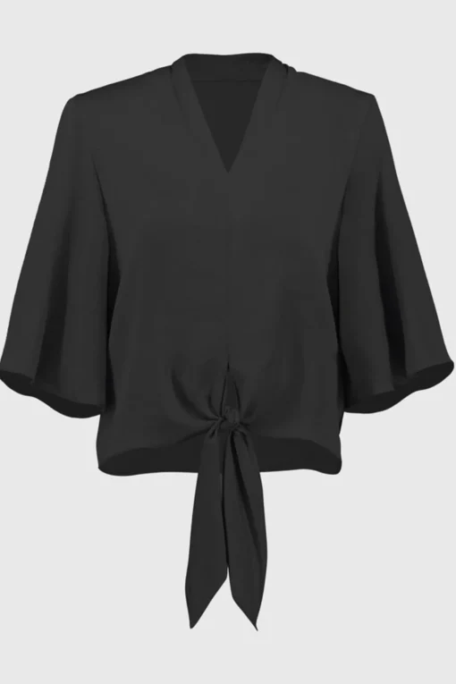 Satin V-Neck Top with Front Tie - Black - JR4