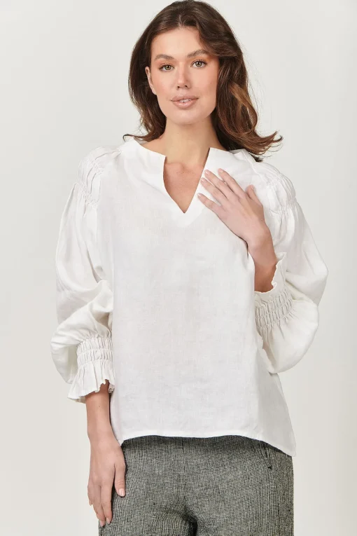 Tina V-Neck Linen Top - White - OJ23