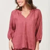 Trudy V-Neck Linen Top - Rhubarb - OJ24