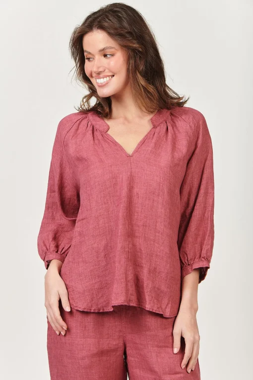 Trudy V-Neck Linen Top - Rhubarb - OJ24