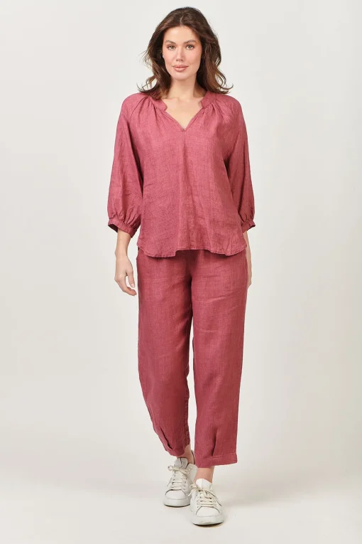 Trudy V-Neck Linen Top - Rhubarb - OJ24