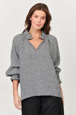 Tulip V-Neck Linen Top - Pepper - OJ27