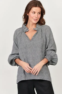 Tulip V-Neck Linen Top - Pepper - OJ27