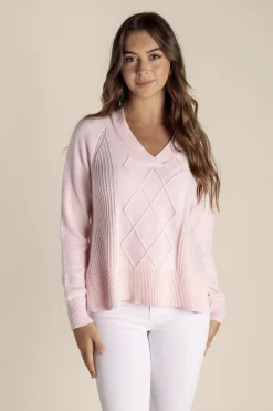 Tyra V Neck Cable Sweater - Pale Pink - TT25