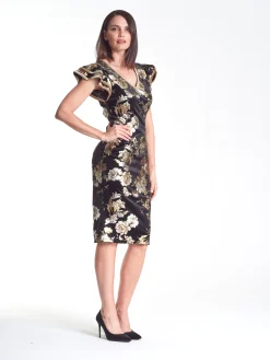 Velvet Frill Sleeve Dress - Flower Print - PR8
