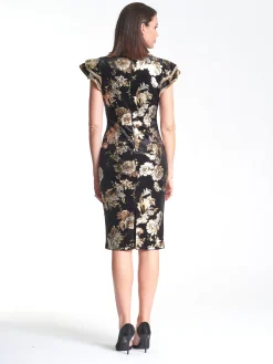 Velvet Frill Sleeve Dress - Flower Print - PR8