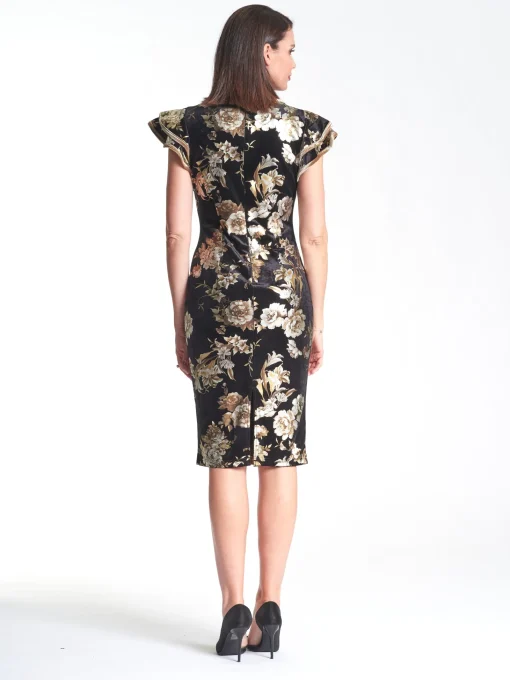 Velvet Frill Sleeve Dress - Flower Print - PR8
